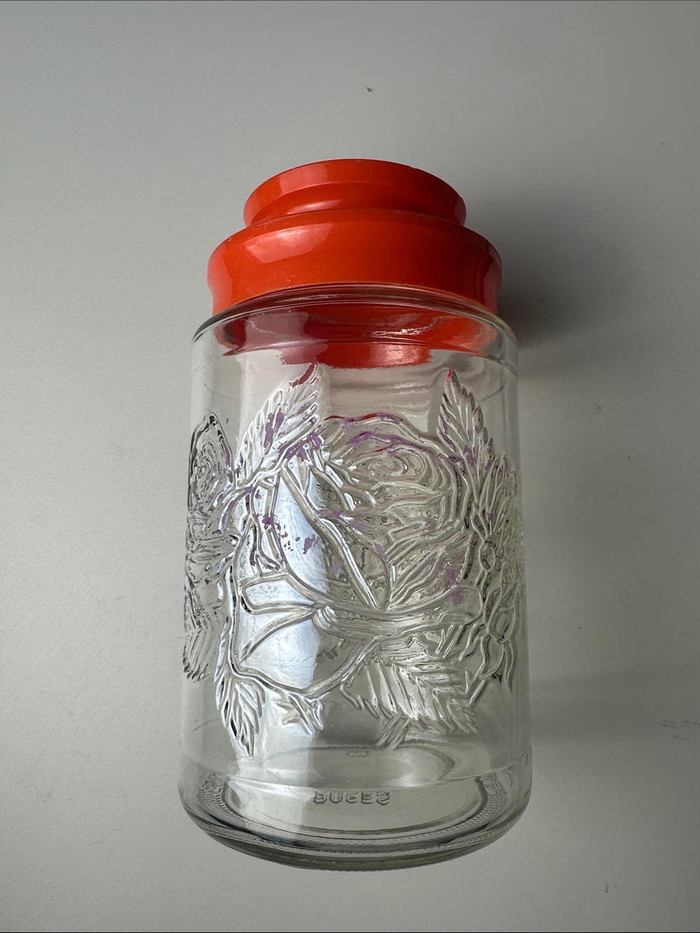 Anchor Hocking 1970s Tang Glass Canister-Embossed Roses And An Orange Lid